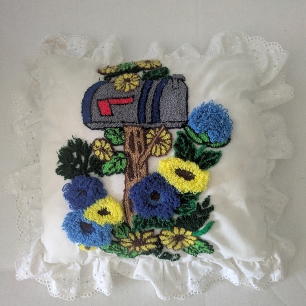 Vintage Mailbox With Flowers Pillow Yarn Hooked Loop